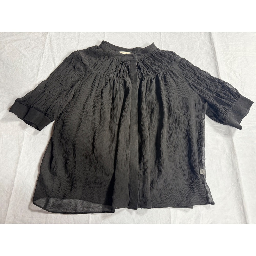 AYR Blouse Womens Large Black Good Silk Cotton Crinkle Pleated Yoke E2048
